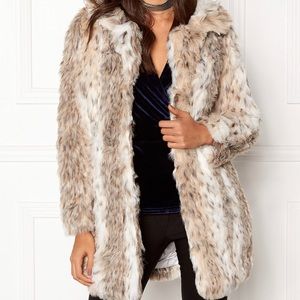 QED London Snow Leopard Faux Cream Fur Coat